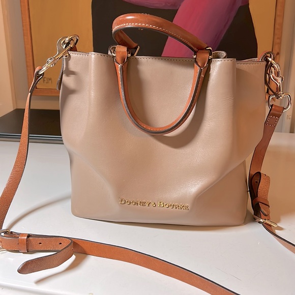 Dooney & Bourke Taupe Leather Crossbody Bag with Cognac Handles, Brass Hardware - Picture 1 of 11